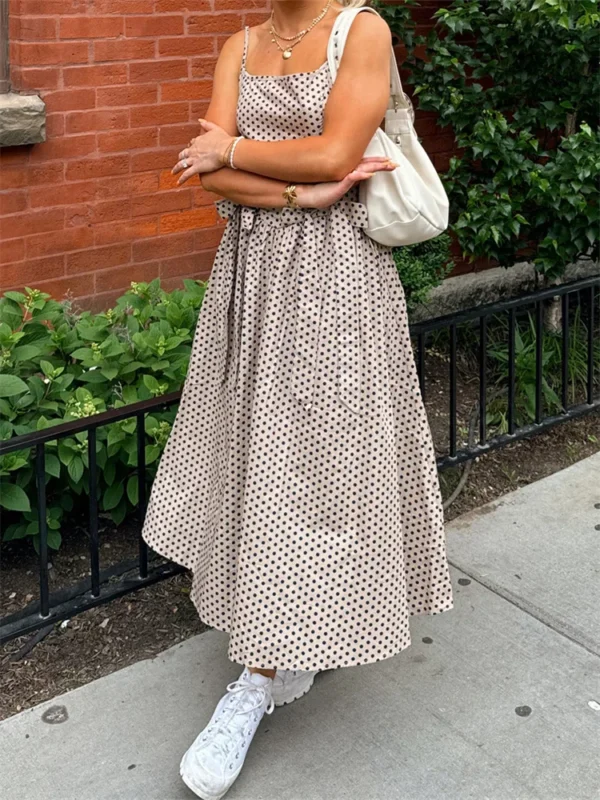 Women’s Bow Long Dress Summer Sleeveless Spaghetti Strap Stripes/Dots Print Dress Flowy Dress
