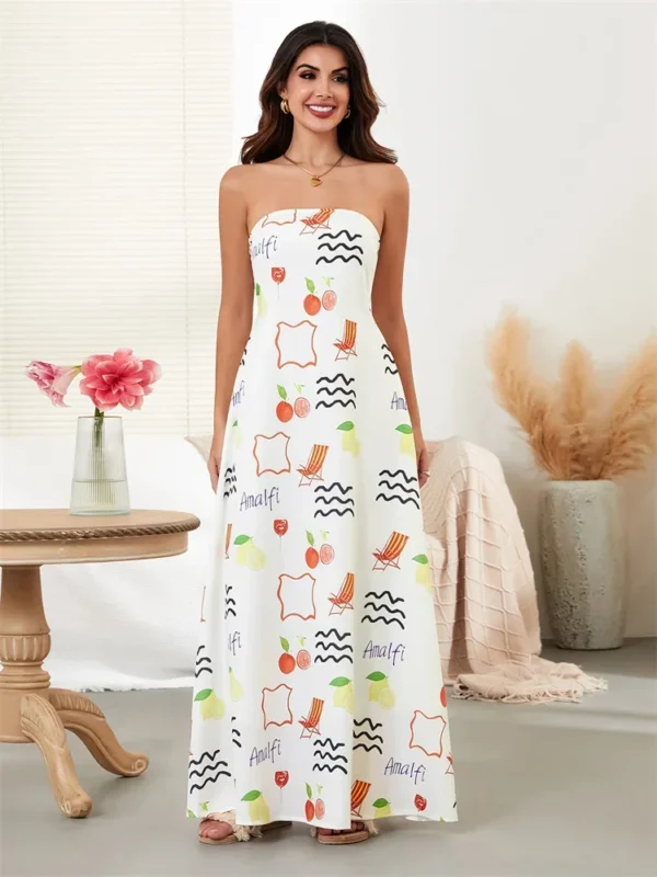 Women Tube Dress Strapless Fruit Print Loose Flowy Long Dress 2024 Summer Bohemian Beach Holiday Casual Dresses
