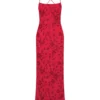 Women Beaded Flower Cami Dress Glitter Sequin Spaghetti Strap Open Back High Split Long Dress for Party Club