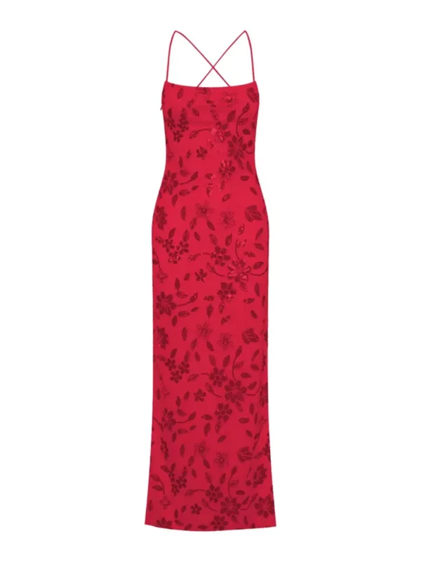 Women Beaded Flower Cami Dress Glitter Sequin Spaghetti Strap Open Back High Split Long Dress for Party Club