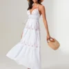Women Summer Casual Long Dress Flower Embroidery Tie-Up Halter Neck Sleeveless Dress Fashion Backless A-line Dress
