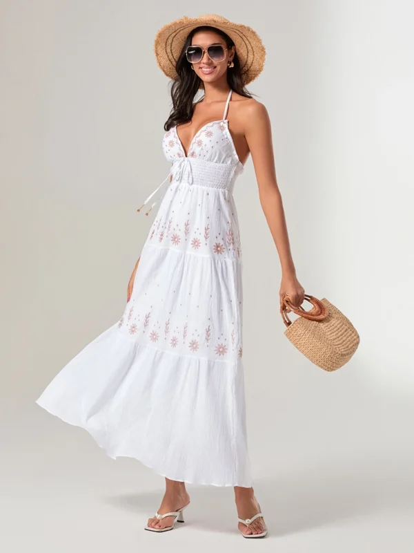 Women Summer Casual Long Dress Flower Embroidery Tie-Up Halter Neck Sleeveless Dress Fashion Backless A-line Dress