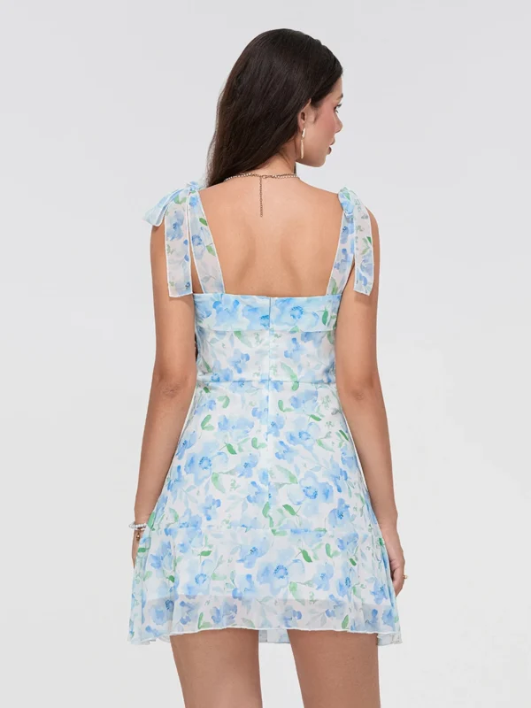 Women Retro Floral Dress Tie-Up Spaghetti Strap A-line Mini Dress Evening Party Vintage Fairycore Summer Dresses Female