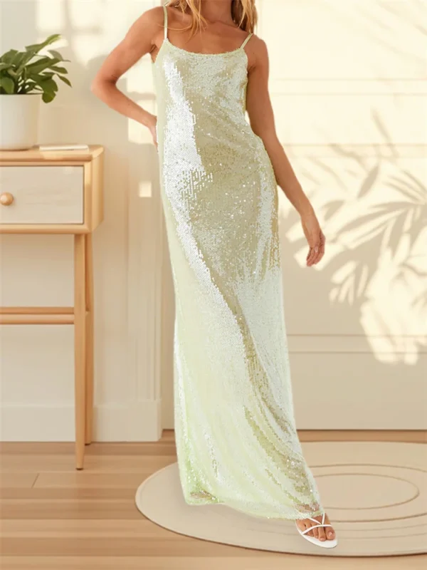 Women Shiny Sequins Dress Summer Draped Backless Spaghetti Strap Party Dress for Vacation Cocktail Beach Streetwear