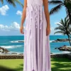 Women Summer Long Dress Solid Color Ruffle Tassel Sleeveless Backless Pleated Dress for Party Club Holiday