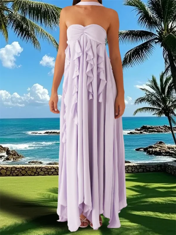 Women Summer Long Dress Solid Color Ruffle Tassel Sleeveless Backless Pleated Dress for Party Club Holiday