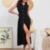 Women Long Dress Sleeveless Turn-down Collar Button-down Slim Waist A-line Tank Dress Party Casual Summer Sundress Streetwear