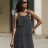Women's Summer Denim Tank Dress Sleeveless Solid Color U Neck Jeans Dress with Pockets