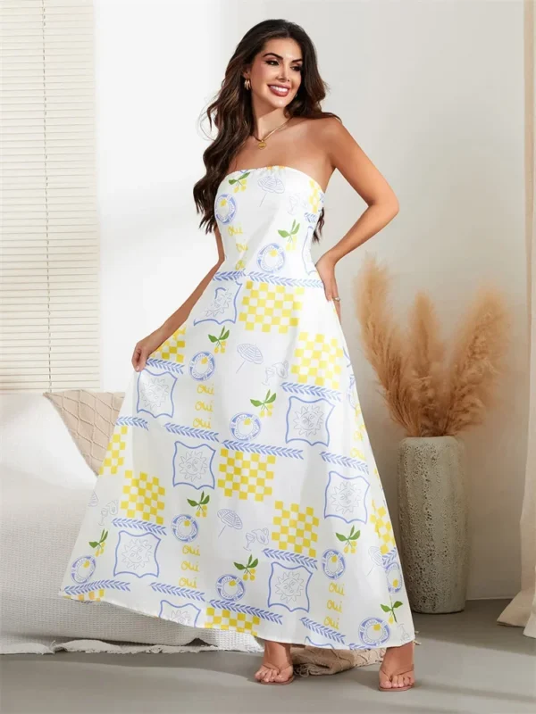 Women Tube Dress Strapless Fruit Print Loose Flowy Long Dress 2024 Summer Bohemian Beach Holiday Casual Dresses