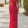 Women Beaded Flower Cami Dress Glitter Sequin Spaghetti Strap Open Back High Split Long Dress for Party Club