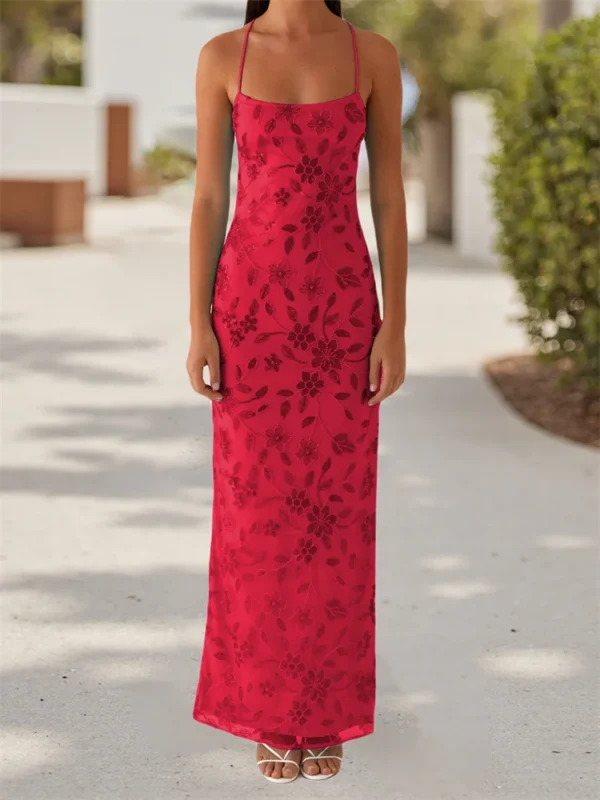 Women Beaded Flower Cami Dress Glitter Sequin Spaghetti Strap Open Back High Split Long Dress for Party Club
