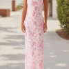 Women Beaded Flower Cami Dress Glitter Sequin Spaghetti Strap Open Back High Split Long Dress for Party Club