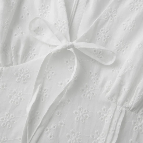 Women White Mini Dress Short Sleeve V Neck Eyelet Hollowed Solid A-line Dress Summer Dress for Daily Party