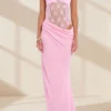 Women Patchwork Lace Cami Dress Slim Cut Out Sweetheart Neck Spaghetti Strap Backless Long Dress for Party Club