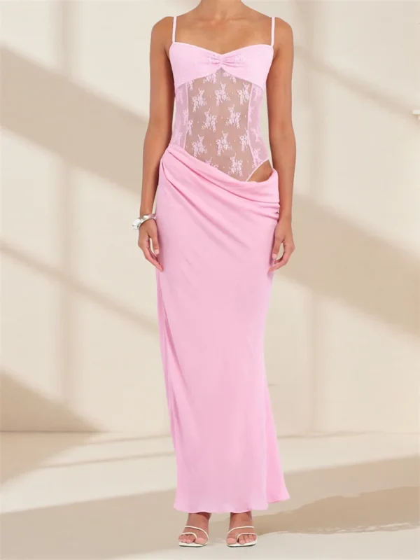Women Patchwork Lace Cami Dress Slim Cut Out Sweetheart Neck Spaghetti Strap Backless Long Dress for Party Club