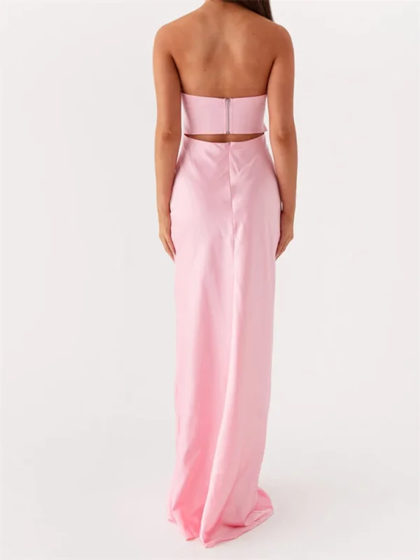 Women's Elegant Tube Dress Strapless Twist Front Cut Out Bodycon Long Dress Solid Color Summer Party Dresses