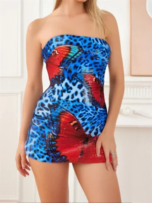 Women Summer Mini Dress Flower Printed Strapless Sleeveless Bodycon Pencil Dress for Party Club Evening