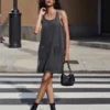 Women's Summer Denim Tank Dress Sleeveless Solid Color U Neck Jeans Dress with Pockets