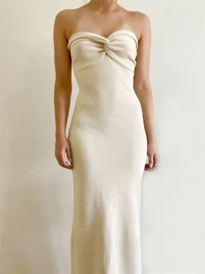 Women Y2K Knitted Long Dress Solid Color Strapless Bodycon Pencil Slit Tube Dress Summer Fall Sexy Elegant Chic Dresses Female