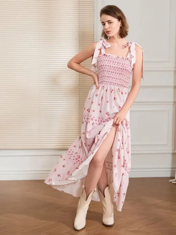 Women Slip Dress Sleeveless Tie-up Floral Dress Summer Long Swing Dress for Daily Party Bohemian