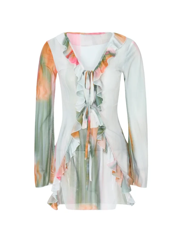 Women Summer Fall Dress Long Sleeve Flounce V Neck Tie-up Mini Dress Party Club Beach Sexy Y2K Dresses