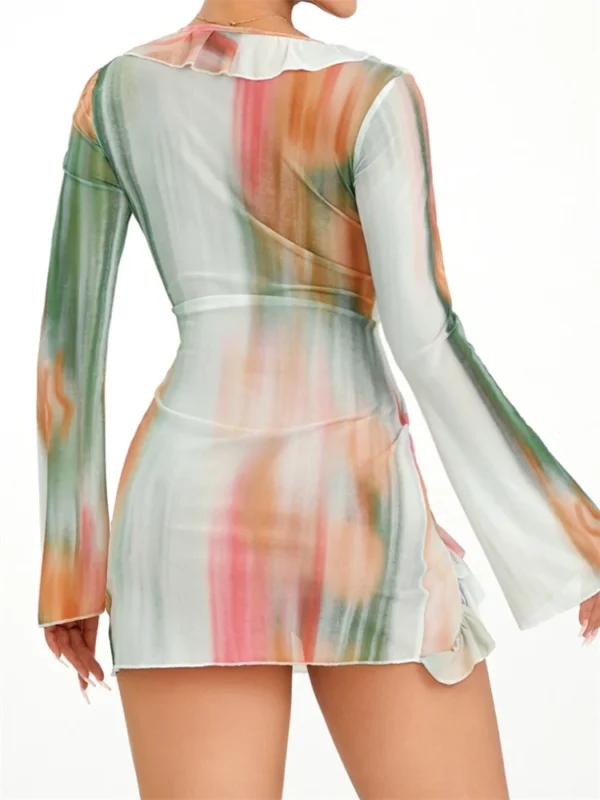 Women Summer Fall Dress Long Sleeve Flounce V Neck Tie-up Mini Dress Party Club Beach Sexy Y2K Dresses