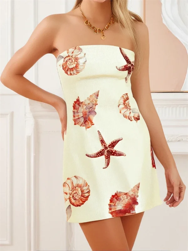 Women Summer Mini Dress Flower Printed Strapless Sleeveless Bodycon Pencil Dress for Party Club Evening