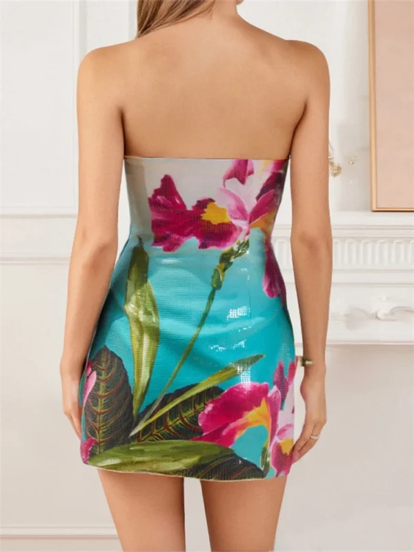Women Summer Mini Dress Flower Printed Strapless Sleeveless Bodycon Pencil Dress for Party Club Evening