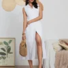 Women Long Dress Sleeveless Turn-down Collar Button-down Slim Waist A-line Tank Dress Party Casual Summer Sundress Streetwear