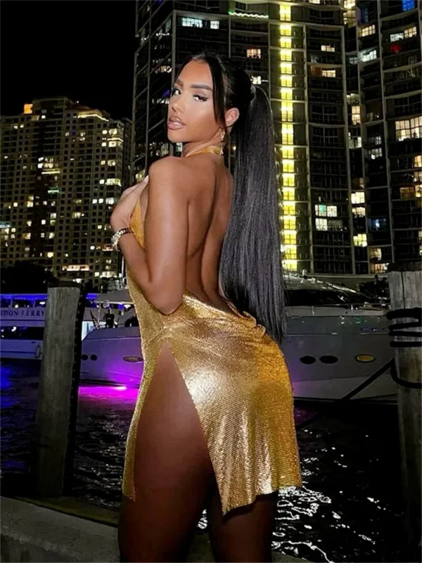 Women Glitter Sexy Dress Sleeveless Halter Backless Low Cut Split Short Dress See Through Party Club Sexy Dresses Female Summer