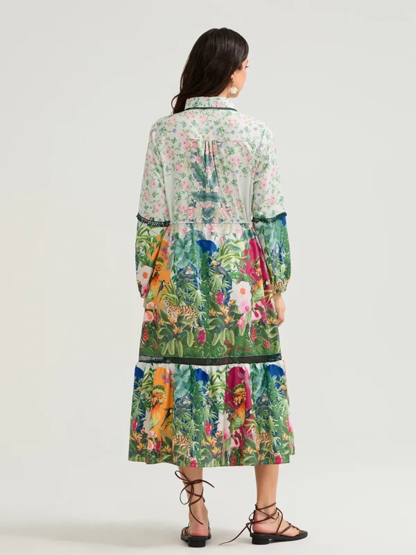 Womens Floral Shirt Dress Lapel Neck Long Sleeve Tie Waist Button Down Long Dress for Daily Party Club