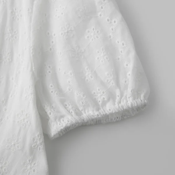 Women White Mini Dress Short Sleeve V Neck Eyelet Hollowed Solid A-line Dress Summer Dress for Daily Party
