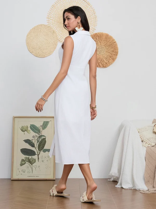 Women Long Dress Sleeveless Turn-down Collar Button-down Slim Waist A-line Tank Dress Party Casual Summer Sundress Streetwear