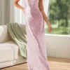 Women Shiny Sequins Dress Summer Draped Backless Spaghetti Strap Party Dress for Vacation Cocktail Beach Streetwear