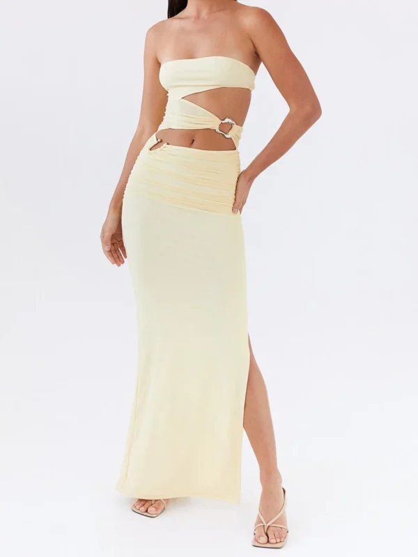 Women's Strapless Tube Dress Solid Color Hollow Out Bodycon Long Dress for Party Evening Elegant Summer Dresses