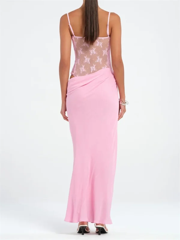 Women Patchwork Lace Cami Dress Slim Cut Out Sweetheart Neck Spaghetti Strap Backless Long Dress for Party Club