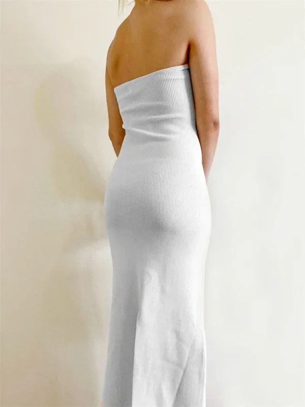 Women Y2K Knitted Long Dress Solid Color Strapless Bodycon Pencil Slit Tube Dress Summer Fall Sexy Elegant Chic Dresses Female