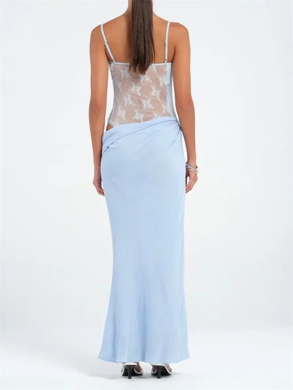 Women Patchwork Lace Cami Dress Slim Cut Out Sweetheart Neck Spaghetti Strap Backless Long Dress for Party Club