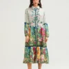 Womens Floral Shirt Dress Lapel Neck Long Sleeve Tie Waist Button Down Long Dress for Daily Party Club