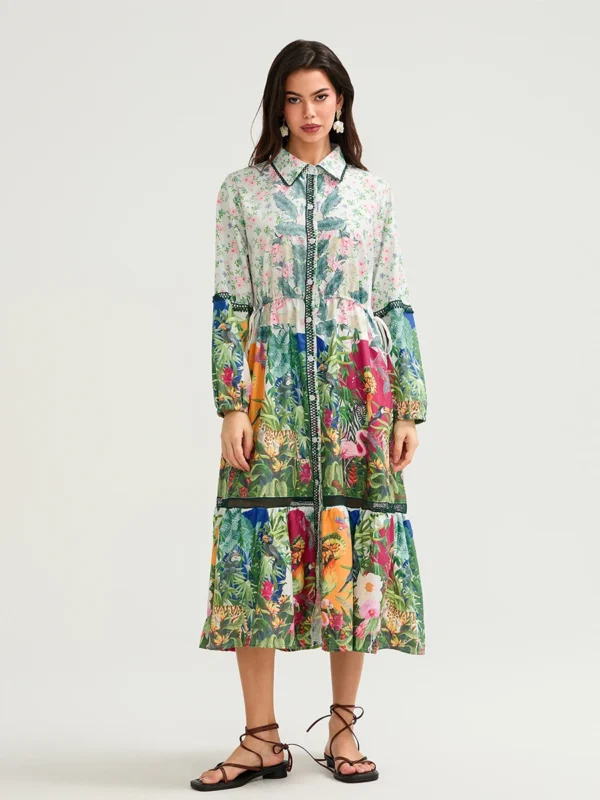 Womens Floral Shirt Dress Lapel Neck Long Sleeve Tie Waist Button Down Long Dress for Daily Party Club