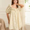 Women Retro Mini Dress Puff Sleeve Square Neck Flower Princess Flowy Dress Summer Loose Casual Dress