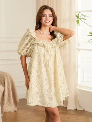 Women Retro Mini Dress Puff Sleeve Square Neck Flower Princess Flowy Dress Summer Loose Casual Dress