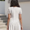 Women White Mini Dress Short Sleeve V Neck Eyelet Hollowed Solid A-line Dress Summer Dress for Daily Party