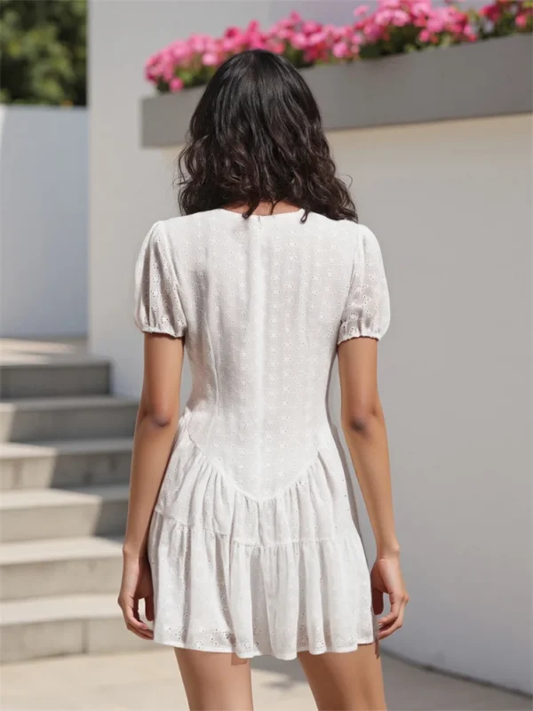 Women White Mini Dress Short Sleeve V Neck Eyelet Hollowed Solid A-line Dress Summer Dress for Daily Party