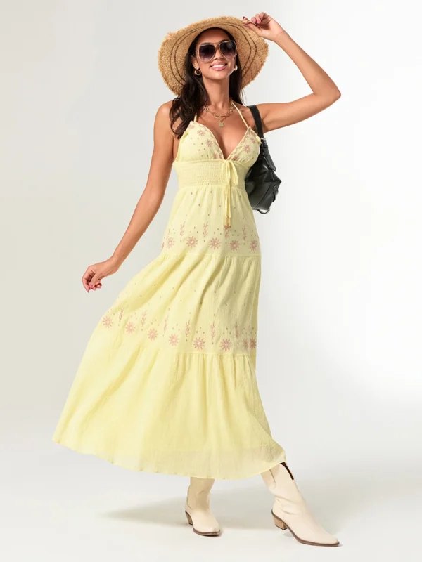 Women Summer Casual Long Dress Flower Embroidery Tie-Up Halter Neck Sleeveless Dress Fashion Backless A-line Dress