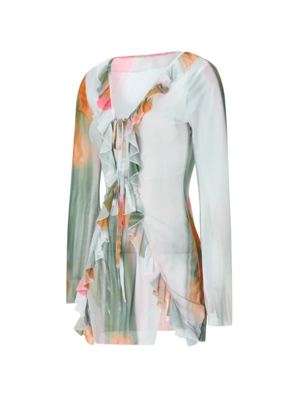 Women Summer Fall Dress Long Sleeve Flounce V Neck Tie-up Mini Dress Party Club Beach Sexy Y2K Dresses