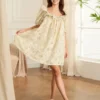 Women Retro Mini Dress Puff Sleeve Square Neck Flower Princess Flowy Dress Summer Loose Casual Dress