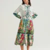 Womens Floral Shirt Dress Lapel Neck Long Sleeve Tie Waist Button Down Long Dress for Daily Party Club
