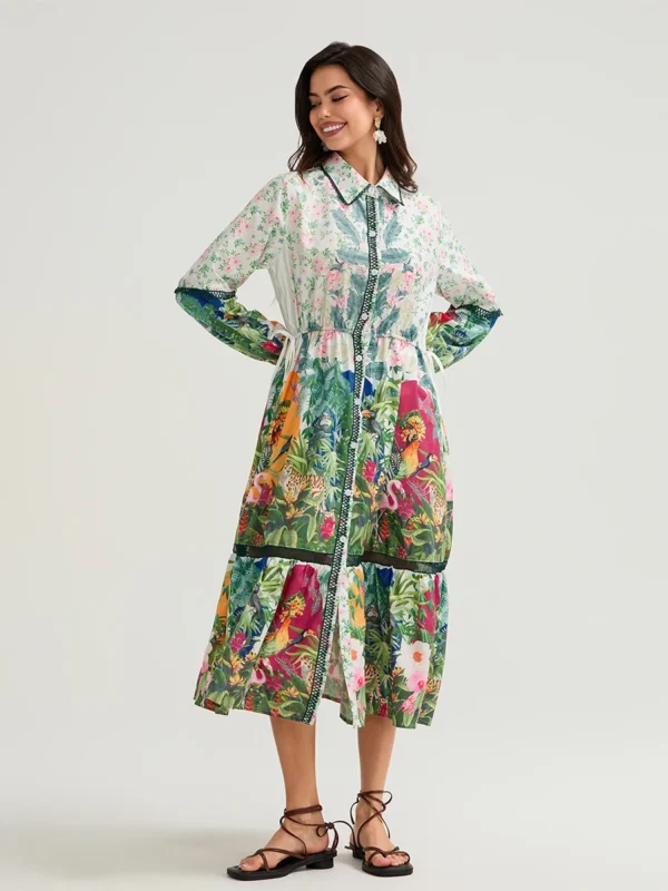 Womens Floral Shirt Dress Lapel Neck Long Sleeve Tie Waist Button Down Long Dress for Daily Party Club