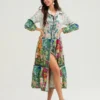 Womens Floral Shirt Dress Lapel Neck Long Sleeve Tie Waist Button Down Long Dress for Daily Party Club